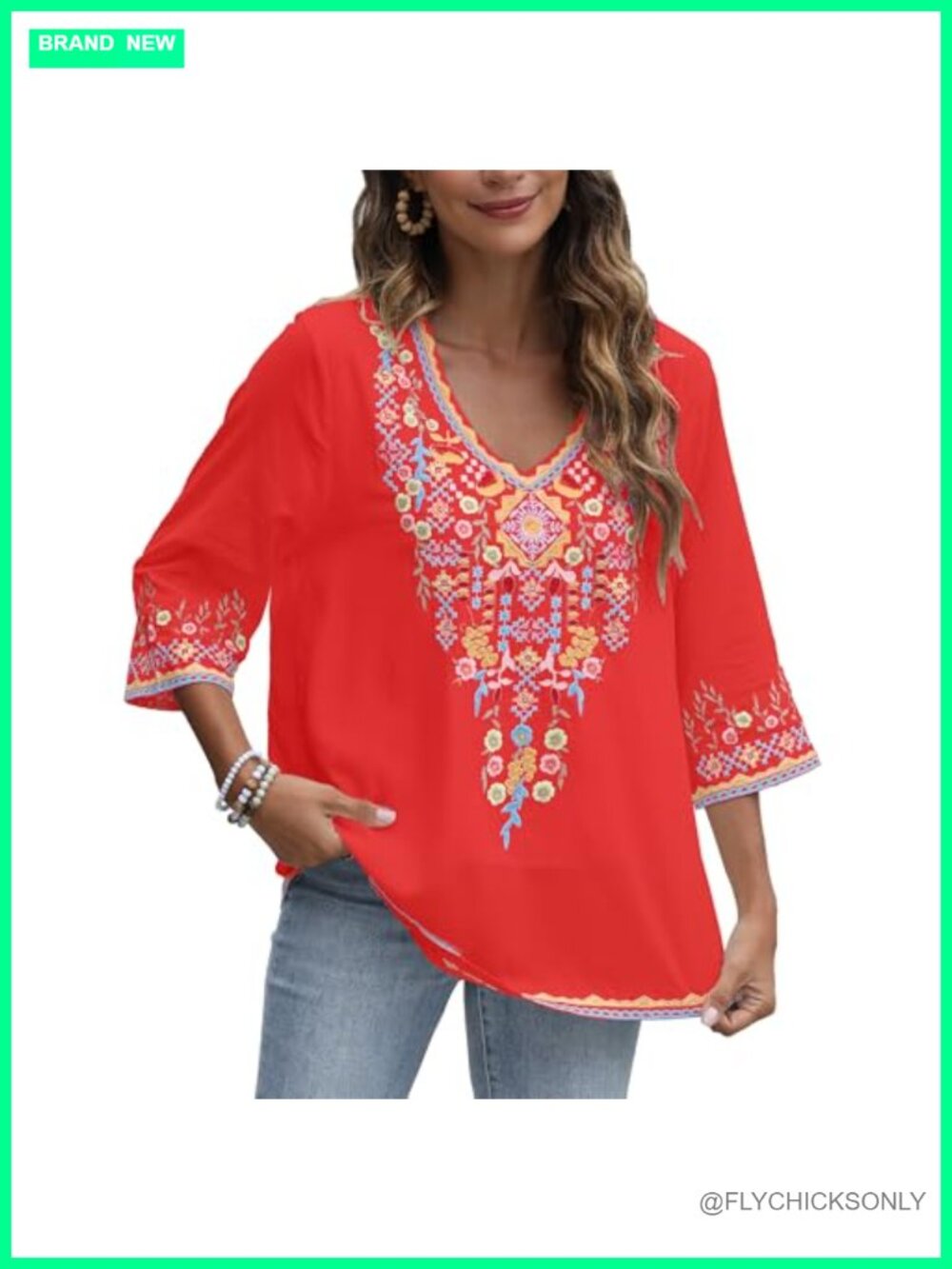 Mexican Embroidered Peasant Tunic Top Boho 3/4 Sleeve V Neck Cotton Rayon